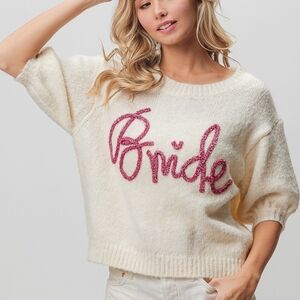 Bibi Casual Cream Sweater Metallic Cursive Pink 'Bride' Text Design Puff Sleeve